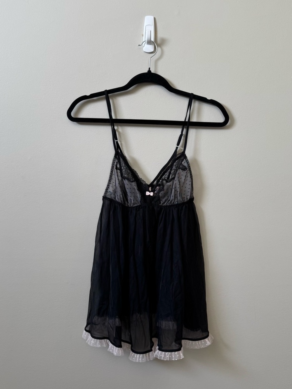Victoria’s Secret Y2K light baby pink/black mesh polka dot babydoll lingerie top